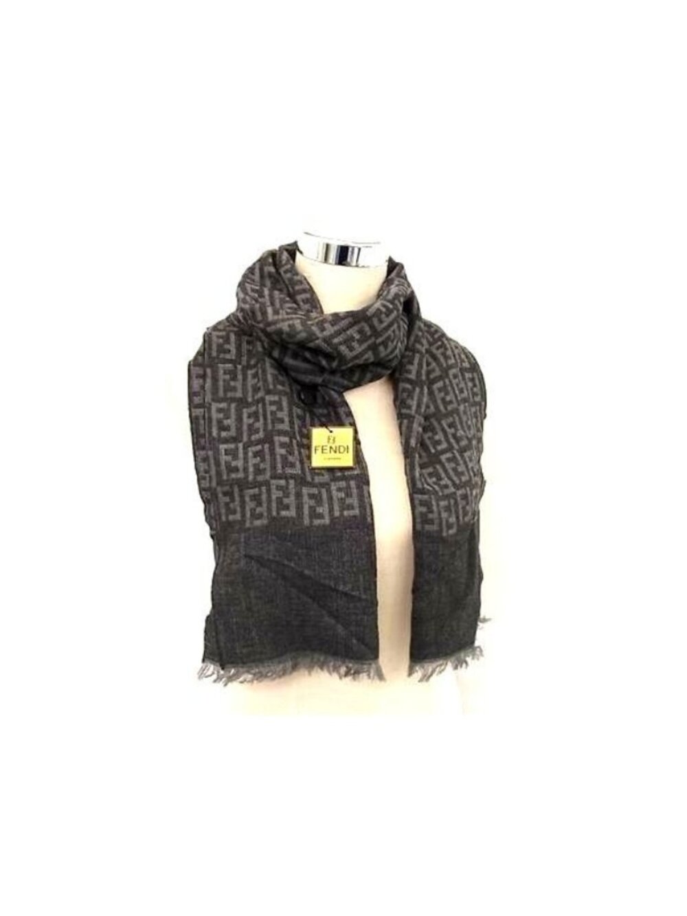 Fendi Zucca Pattern Wool 100% Fringe Scarf Shawl Gray